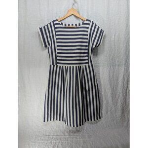Clad & Cloth Bib Dress Size Small Navy Blue and Cream Striped pockets K8